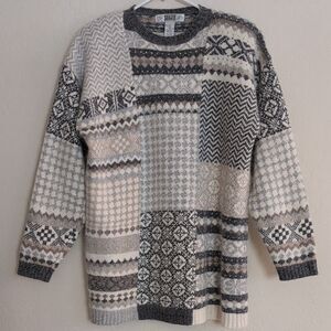Vtg Segue Sweater Shoulder Pads Grey White Geometric Winter Grandpacore - Size L